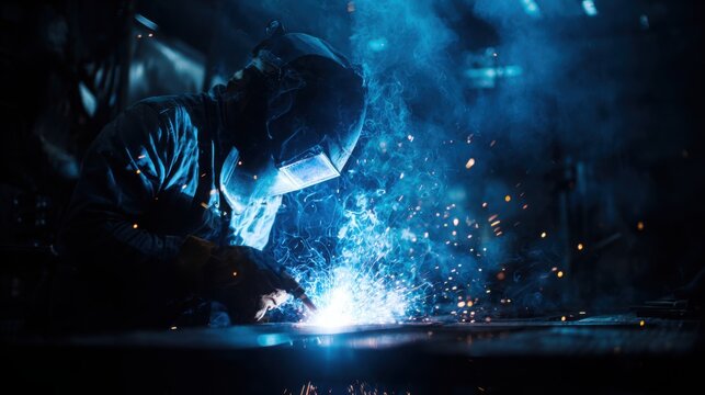 welder working with protective mask, bright sparks flying, molten metal seam texture, dark workshop, high contrast lighting, realistic industrial