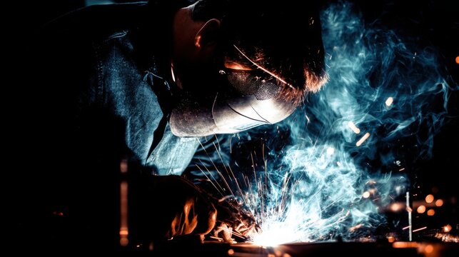 welder working with protective mask, bright sparks flying, molten metal seam texture, dark workshop, high contrast lighting, realistic industrial