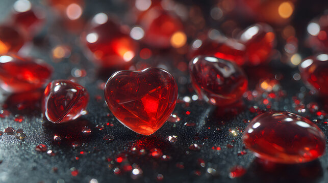 Valentine candy hearts with shiny cherry red pieces on dark playful pop art backdrop