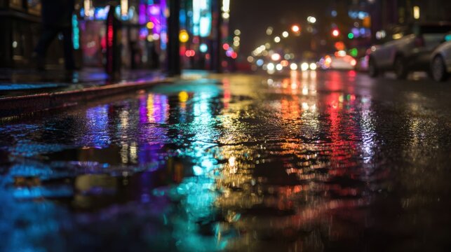 wet city street at night with neon reflections in puddles, rain falling, blurred lights, cinematic atmosphere, high realism, urban night photography