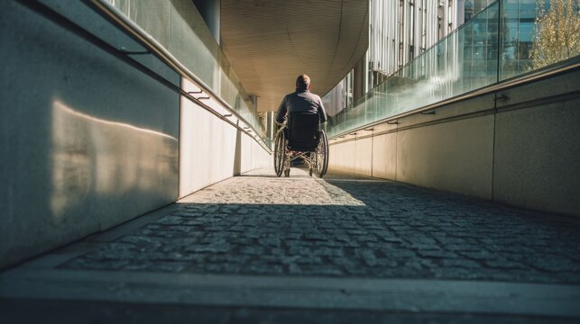 wheelchair user using modern city ramp, realistic urban infrastructure, natural daylight, authentic accessibility scene, documentary style, high