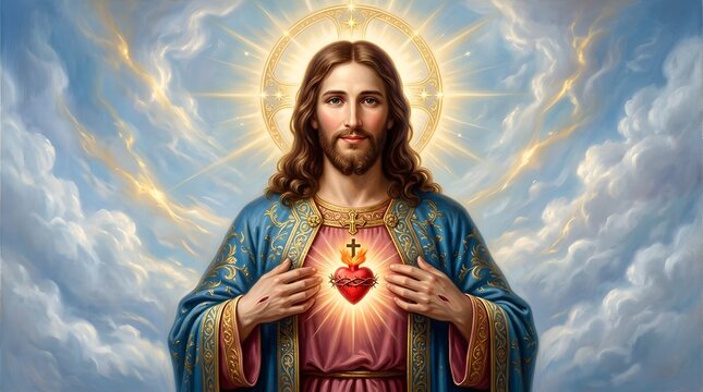 Sacred Heart of Jesus with Radiant Halo in Heavenly Clouds