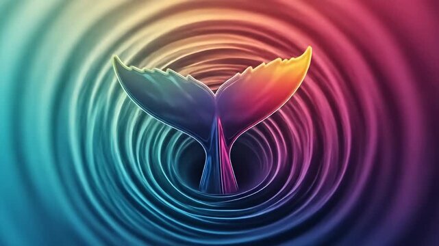 Glossy, colorful whale tail emerges from concentric, rippling rings of light and shadow