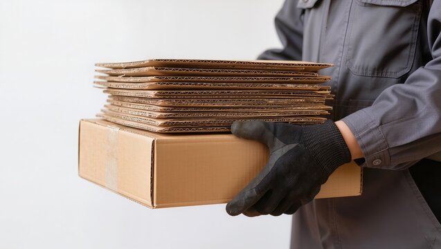 Close-up of a courier in a grey uniform and protective gloves holding a cardboard box and a stack of packaging materials. Concept of logistics center, delivery service, and parcel shipping
