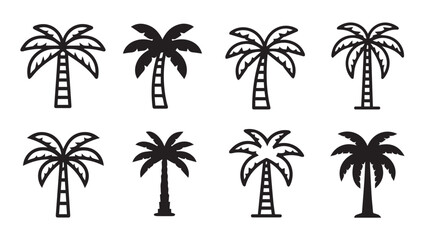 Fototapeta premium Collection of Palm Tree Icons in Outline and Silhouette Styles on White Background