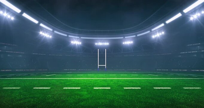 Rugby field at a sports stadium in foggy weather with shining floodlights and fans ready for an upcoming nighttime sports event. Loopable professional sports advertisement video background.
