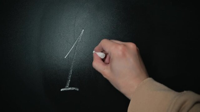 A hand writes on a blackboard using chalk to show the addition of one plus one. The hand, appearing to be that of a young adult, writes the equation and leaves a question mark, prompting thought