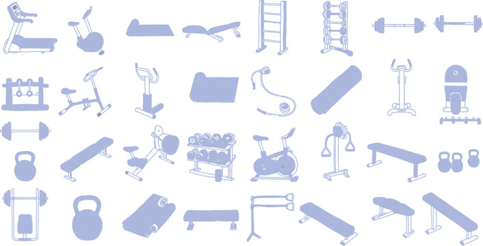 Collection of various gym and fitness equipment illustrations in purple hues on white background