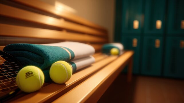 A bench holds neatly arranged towels and tennis balls, complemented by teal lockers in the background