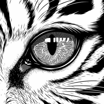 Detailed black and white illustration of a tiger eye