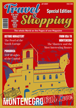 Travel and Shopping Magazine Fake Cover. Montenegro with Love. Ostrog Monastery Tourist Attraction Illustration. Montenegro Flag, Vector Template for Touristic Illustrations, Posters, Covers
