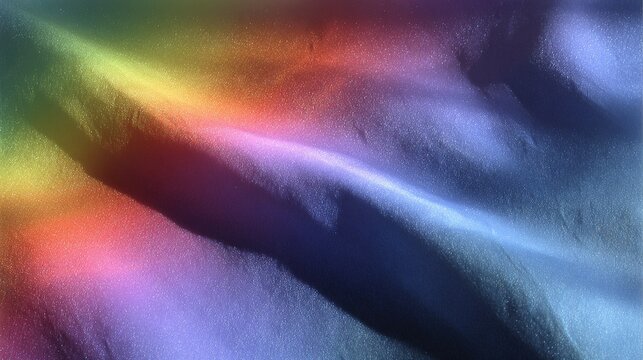 Abstract dark background with diffused vibrant rainbow spectrum light, smooth color gradient from red yellow to blue purple and pink, soft shadow folds, subtle grain texture and flowing color band com