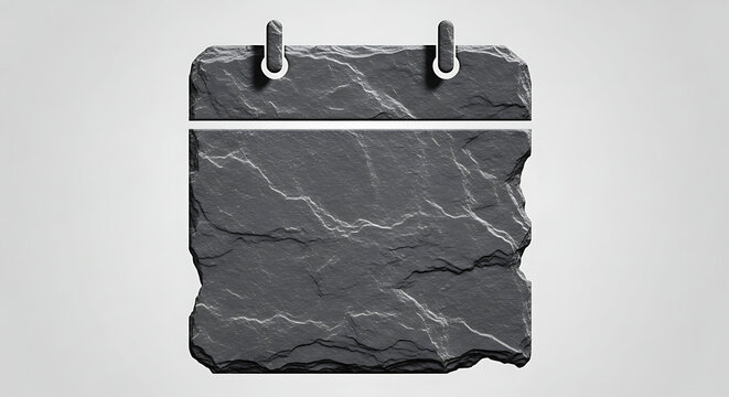 Stone calendar icon carved from dark slate rock material representing historical dates ancient schedule and durable time management concept on gray.