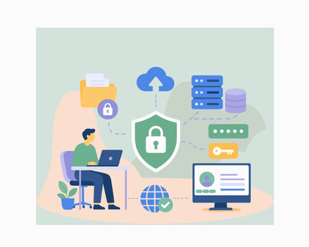 MobiCyber Security Data Protection with Cloud Storage and Network Privacy, Flat Vector Illustrationle