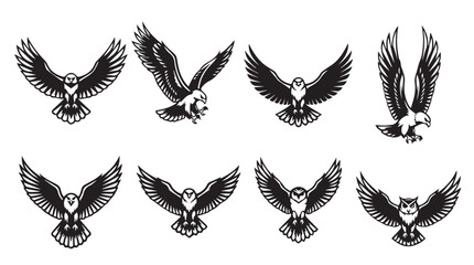 Fototapeta premium Collection of stylized eagles and owls in flight vector graphics for design
