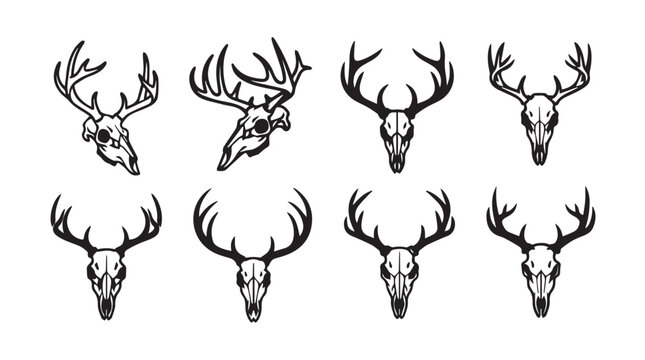 Collection of stylized deer skull emblems with antlers against a white background