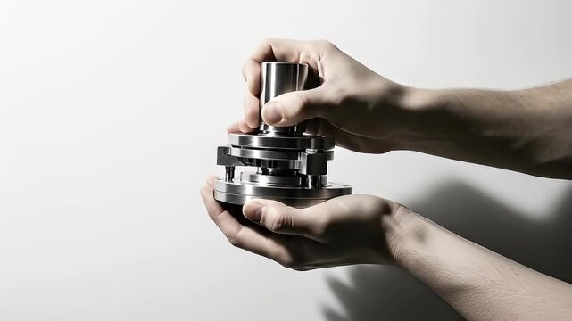 Close-up of a person assembling a mechanical component on white background.