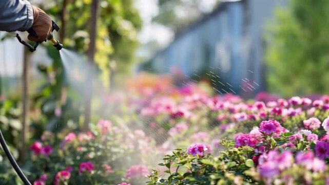 Worker spraying fertilizer to promote growth of beautiful pink flowers in a garden