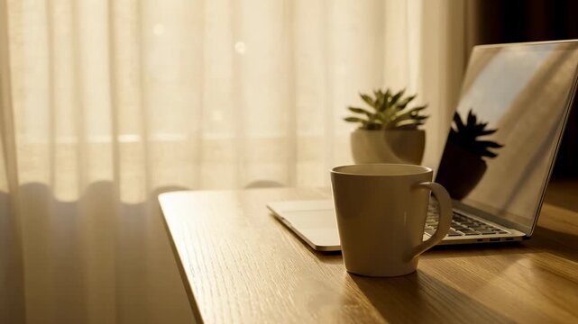 Laptop on wooden desk with coffee cup and plant near window, soft natural light, ideal for remote work or study themes