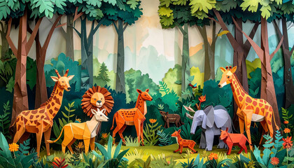 Obraz premium Forest scene with paper folded animals, including deer, lion, giraffe, fox, and elephant, creative origami style.