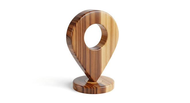 Wooden map marker icon standing on white surface for navigation and location tracking services concept used in travel and logistics mobile applications.