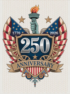 Elegant USA 250th anniversary crest with Statue of Liberty torch, spread wings, American flag shield, gold stars, and scroll ribbon banner commemorating 1776 to 2026 semiquincentennial independence fo