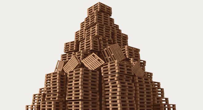 Towering structure built entirely from stacked wooden cargo pallets