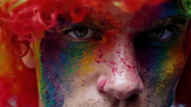Young man's face covered in vibrant rainbow powder and wearing a red wig