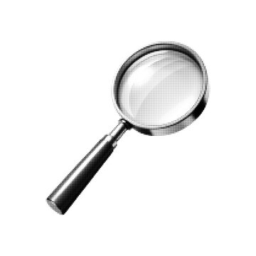 Monochrome halftone illustration of a magnifying glass isolated on white background, search and inspection concept, simple optical tool icon.