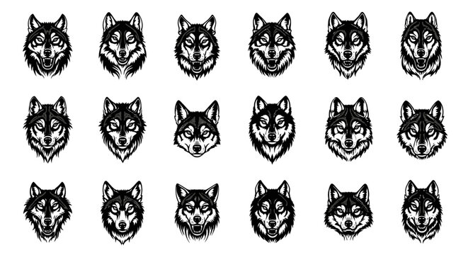 Collection of 15 unique wolf head illustrations in various expressions black and white on a plain background