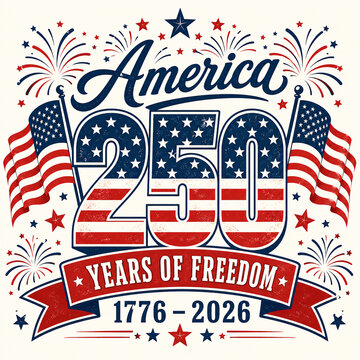 America 250 Years of Freedom festive design with fireworks, American flags, stars, and ribbon banner celebrating 1776 to 2026 semiquincentennial independence anniversary for patriotic Fourth of July 