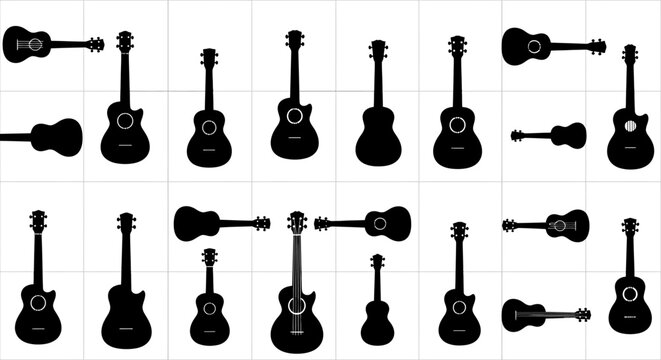 Collection of black guitar silhouettes in various positions on grid background