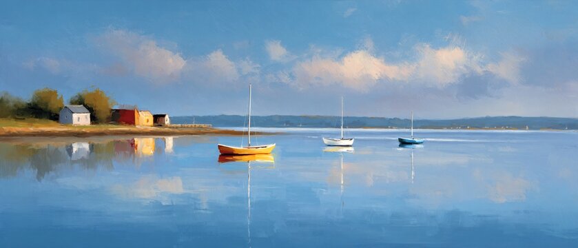 Tranquil watercolor harbor scene with small sailboats peaceful coastal location artistic landscape serene environment aerial view