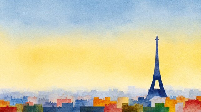 Eiffel tower watercolor skyline art paris painting vibrant colors cityscape aerial view artistic expression