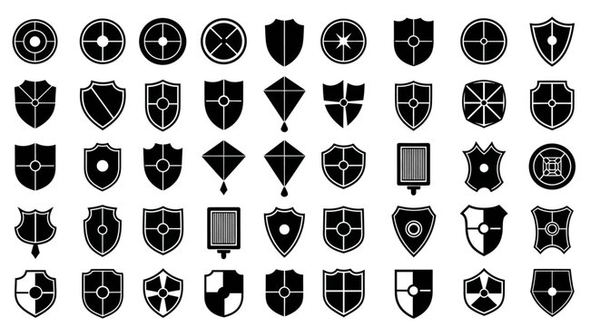 Collection of black and white shield icons and logos on a plain white background for protection and security concepts