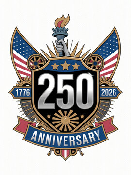Bold USA 250th anniversary emblem with Statue of Liberty torch, eagle wings, American flags, starburst shield, and ribbon banner marking 1776 to 2026 semiquincentennial independence celebration and na