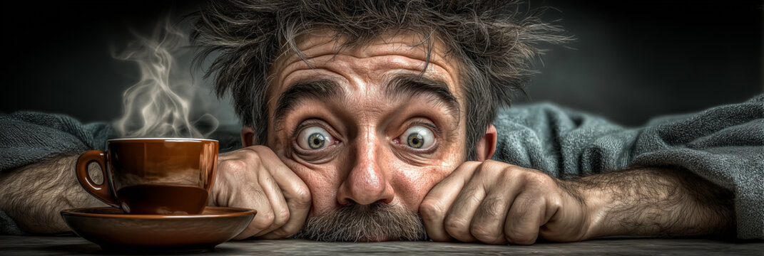 Humorous Close-Up of an Exhausted Man with Messy Hair, Forcing His Eyes Open While Staring at a Steaming Coffee Cup. Symbolizing Caffeine Dependency and the Daily Struggle to Wake Up. - Generative Ai