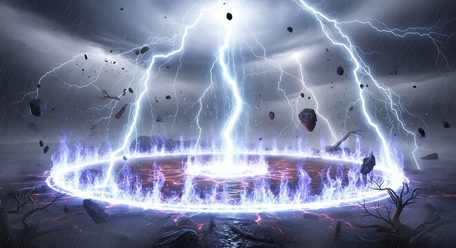 Powerful dark fantasy ritual with glowing magic circle on desolate ground, illuminated by intense lightning strikes and surrounded by levitating rocks