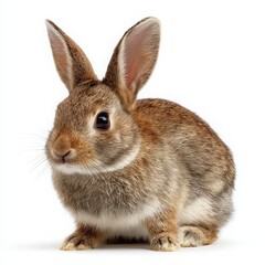 Obraz premium Brown bunny sitting, looking ahead on white background