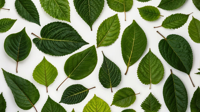 A variety of green leaves arranged on a white background. The leaves differ in shape and size