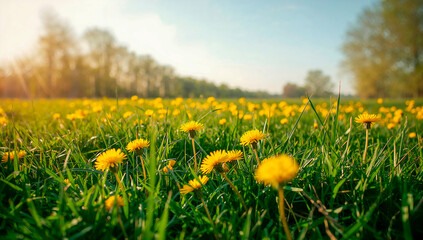 Fototapeta premium A field of yellow dandelions blooming in the warm sunlight with lush green grass and trees in the background on a clear day