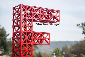 Naklejka premium A red, geometric structure resembling a building support is displayed against a blurred outdoor landscape.