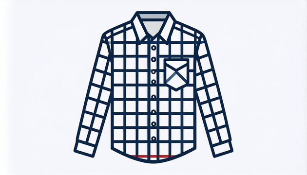 Blue and white plaid shirt with red hem detail on white background Keywords: shirt, plaid