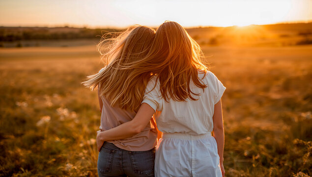 Two young women standing in a field during sunset, with one friend's arm around the other, symbolizing friendship and togetherness
