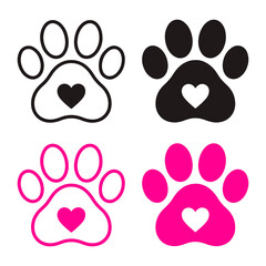 Fototapeta premium Dog paw outline icon with heart shape, pet love symbol, animal footprint design, minimal veterinary graphic