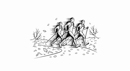 Fototapeta premium Three individuals engaged in Nordic walking through a path with fallen leaves
