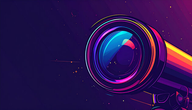 Close up of a vibrant, stylized telescope lens with rainbow colors and starry background