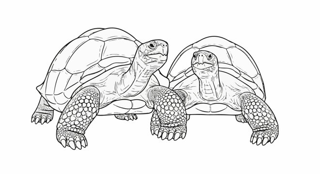 Two detailed line drawings of tortoises are shown side-by-side