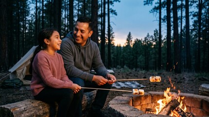 Fototapeta premium Happy Hispanic father and daughter roasting marshmallows by a campfire in a forest