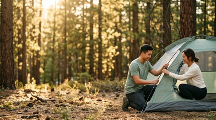 Fototapeta premium Young Asian couple pitching a tent in a sunny pine forest during camping trip.